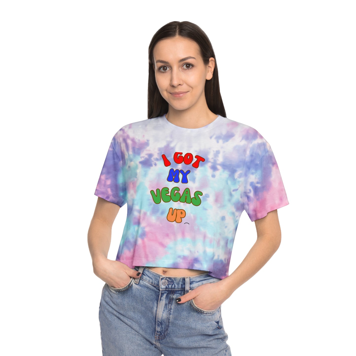 Playful Tie-Dye Crop Tee - "I Got My Vegas Up" - Trendy Women’s Top