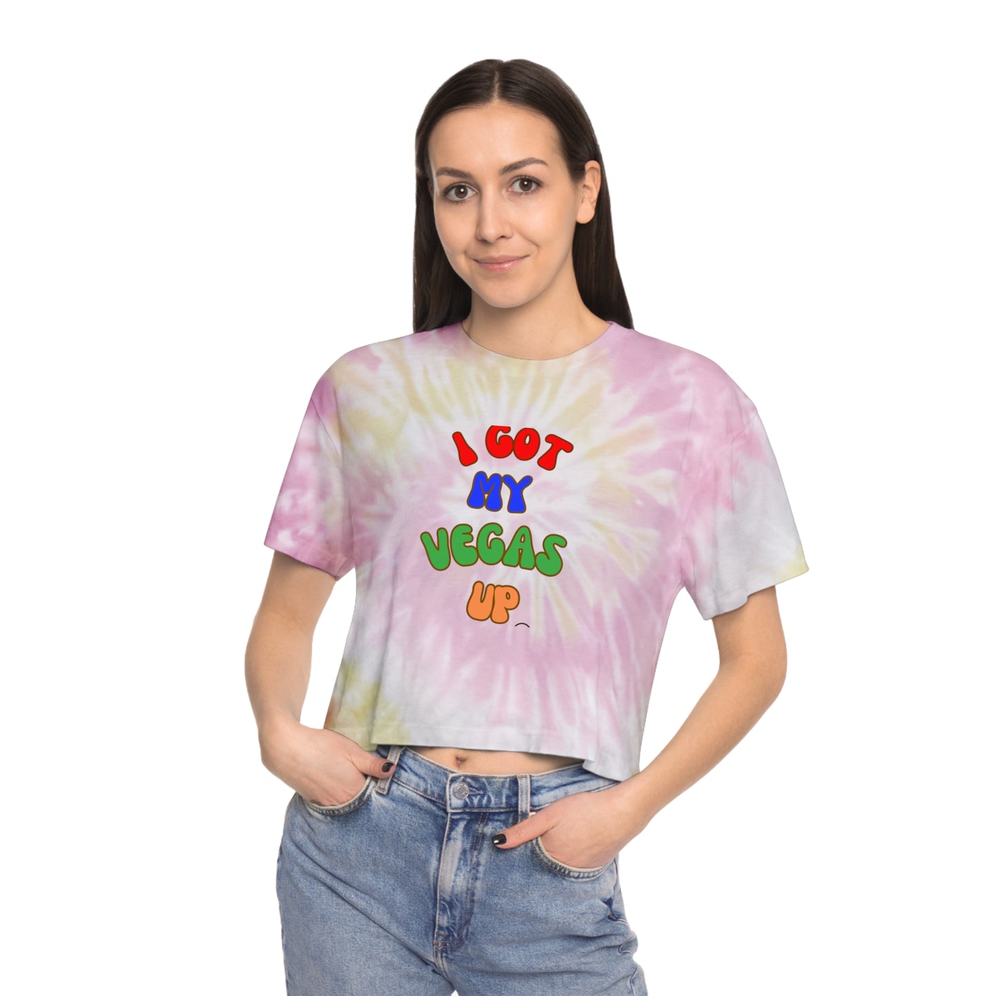 Playful Tie-Dye Crop Tee - "I Got My Vegas Up" - Trendy Women’s Top